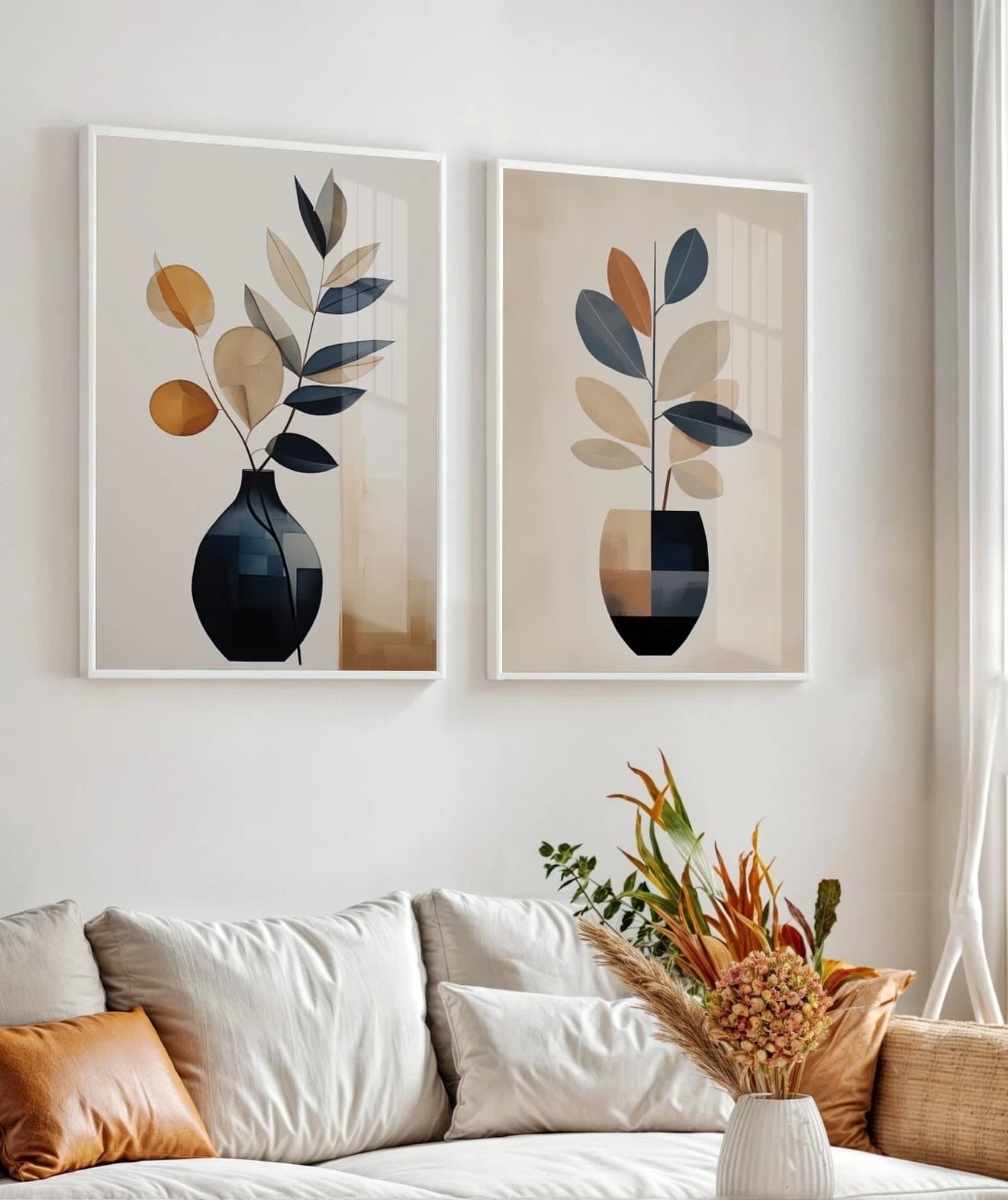Dupla de Quadros Ramos Florais Minimalistas
