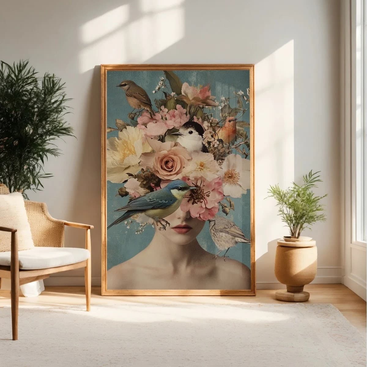 Quadro Mulher com Pássaros e Flores