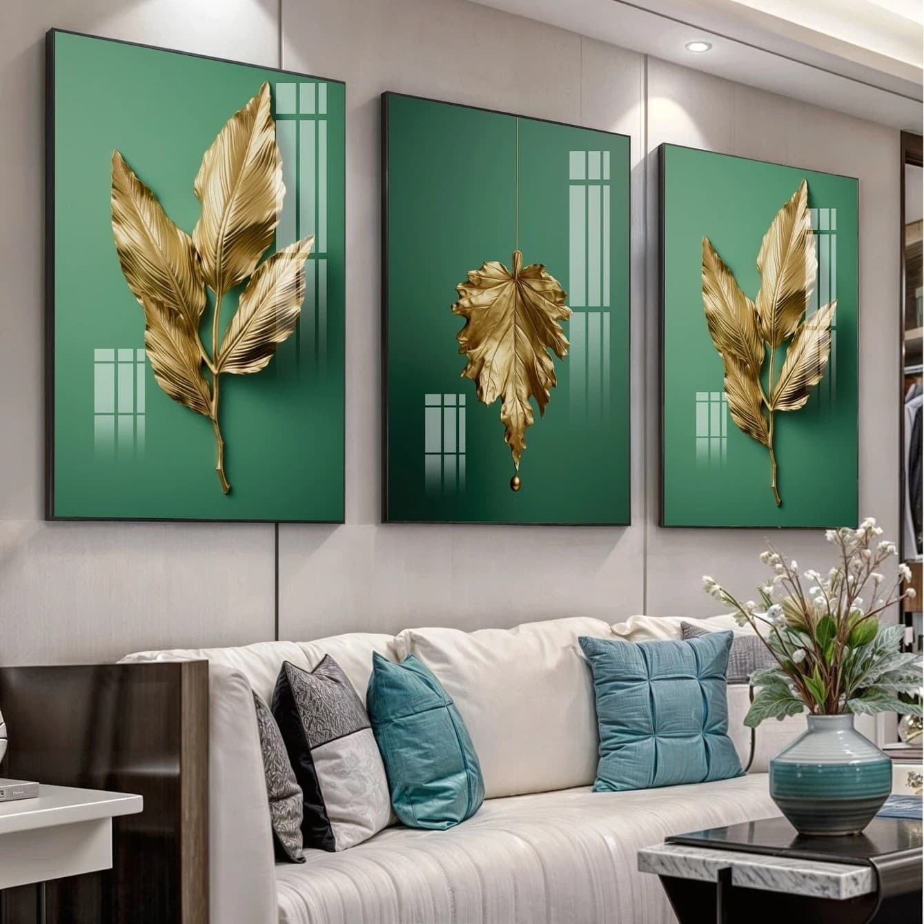 Trio de Quadros Folhas Douradas Espírito Verde