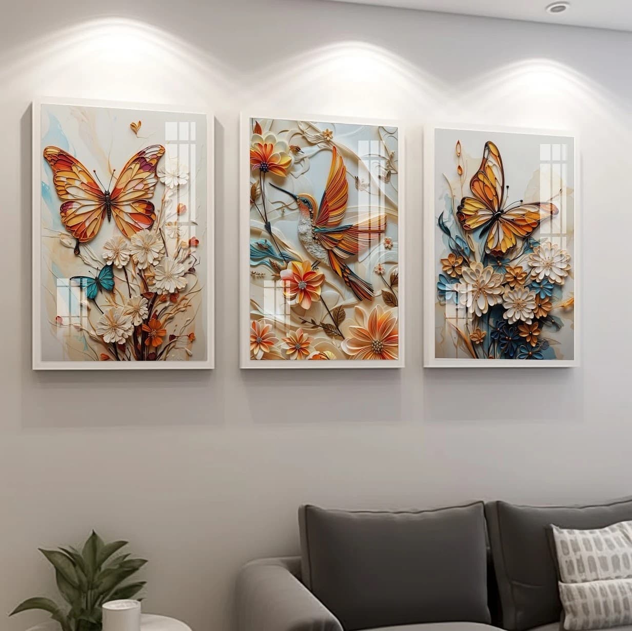 Trio de Quadros Borboletas Florais Poéticas