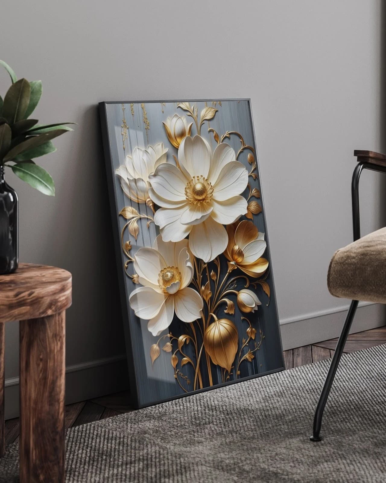 Quadro Flores Brancas em Relevo Dourado