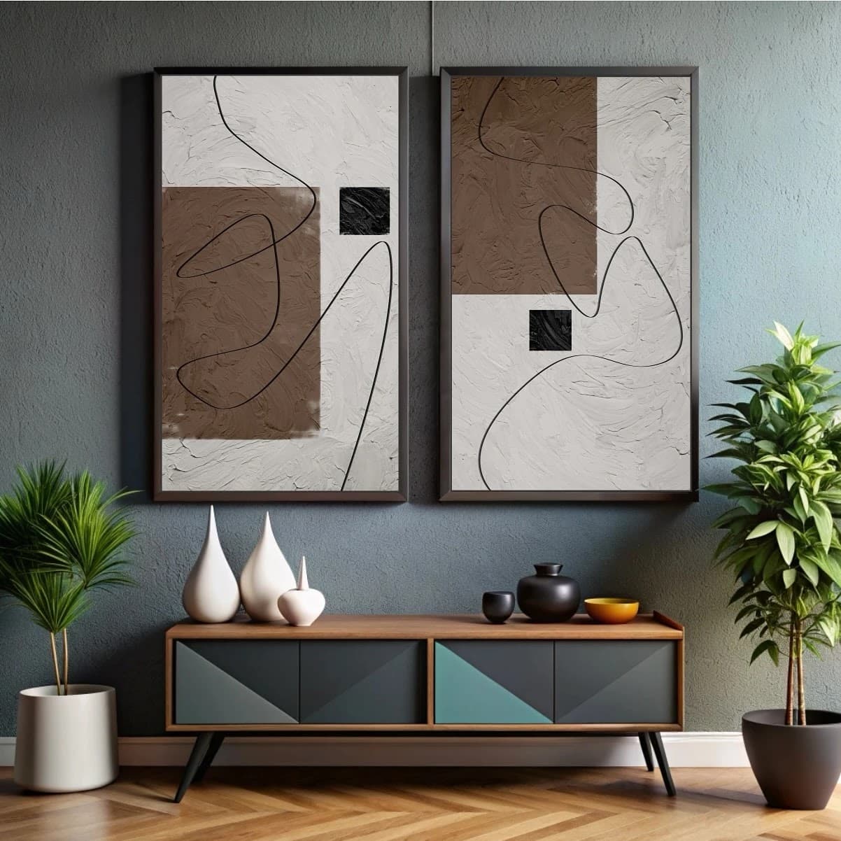 Dupla de Quadros Abstrato Geométrico em Marrom e Branco