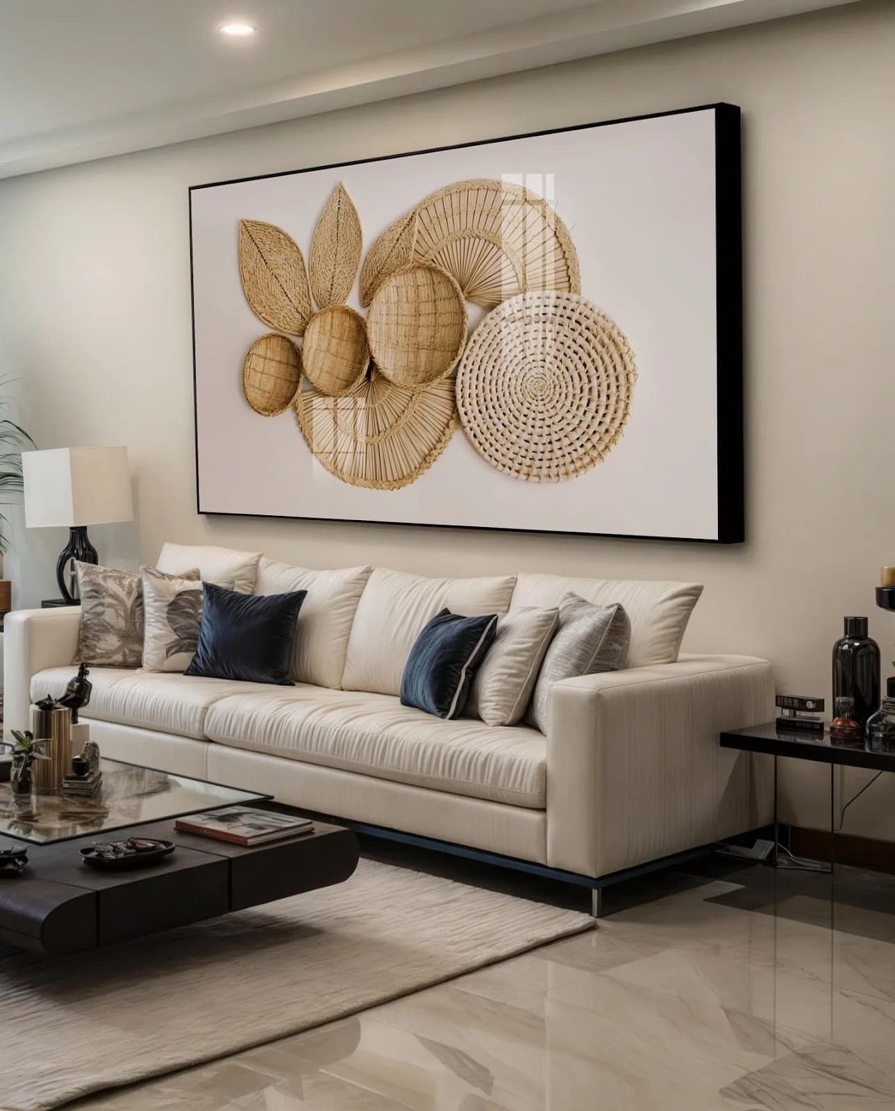 Quadro Cestos e Leques de Palha Trançada