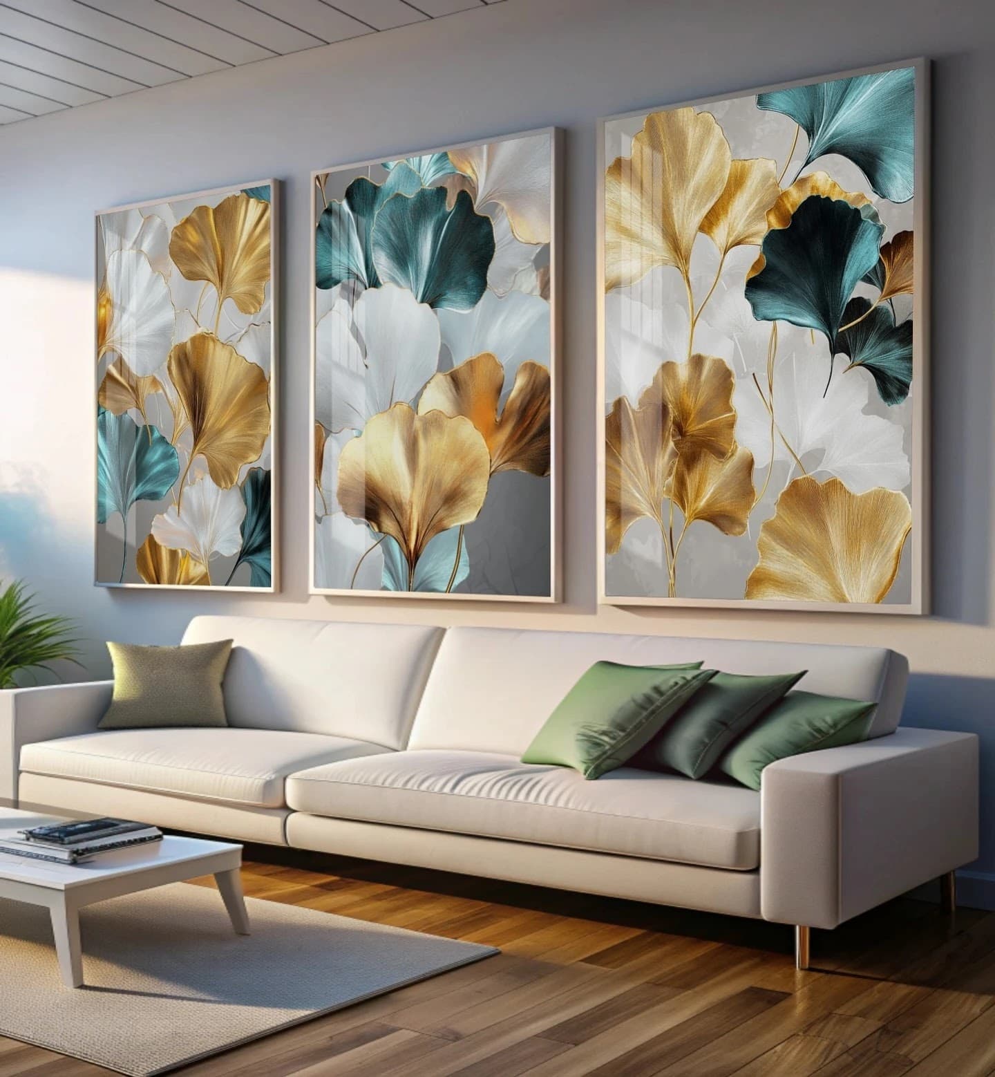 Trio de Quadros Ginkgo em Tons Aquarela