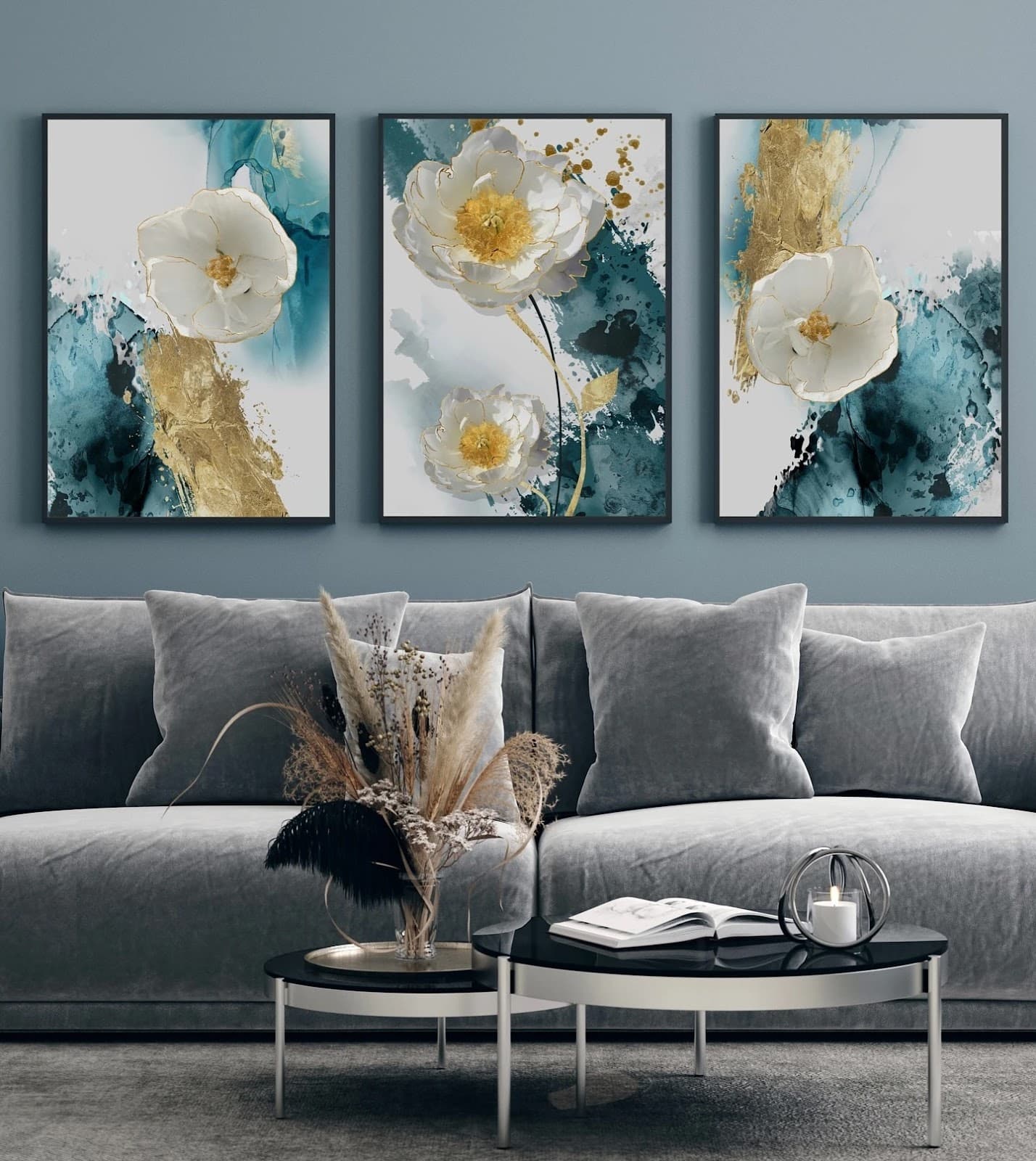 Trio de Quadros Flor Turquesa Transcendente