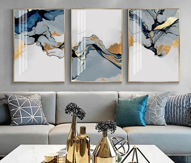 Trio de Quadros Ondas Minerais Movimento e Textura