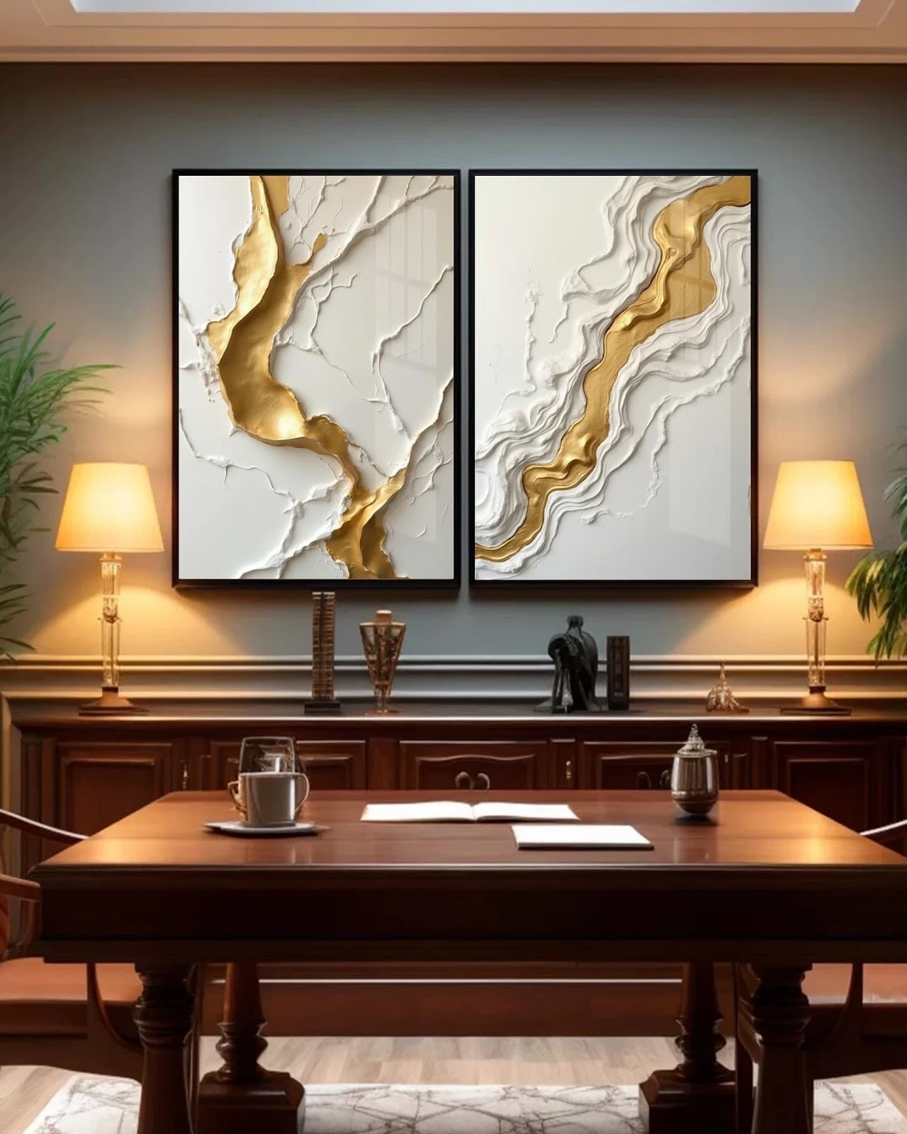 Dupla de Quadros Relevo Dourado Abstrato