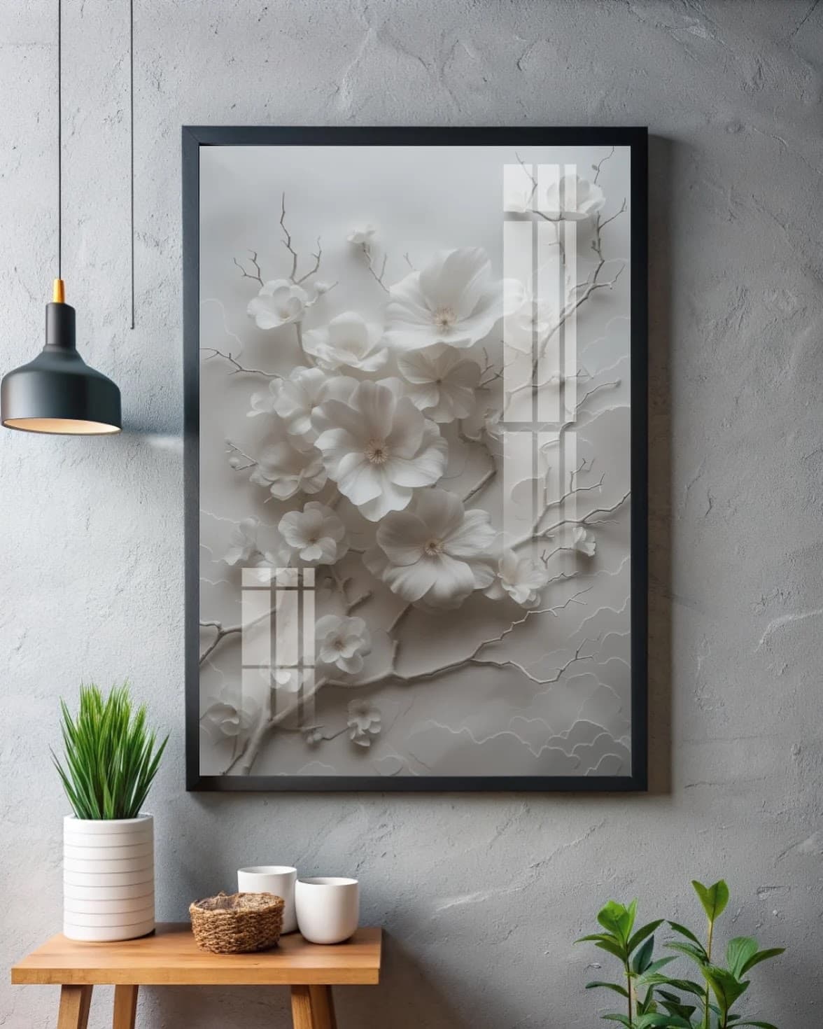Quadro Galho de Flores Brancas em Relevo