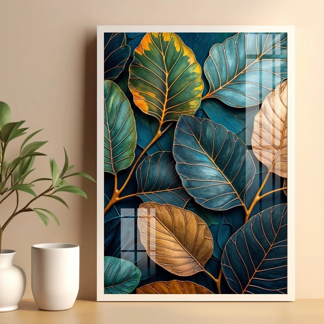 Quadro Folhas de Ouro e Azul