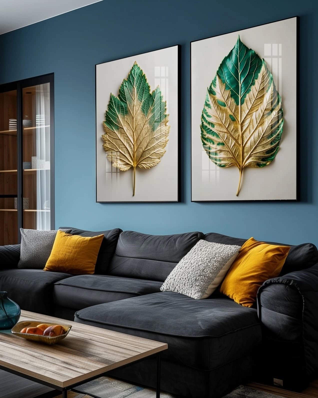 Dupla de Quadros Folhas Verdes e Ouro