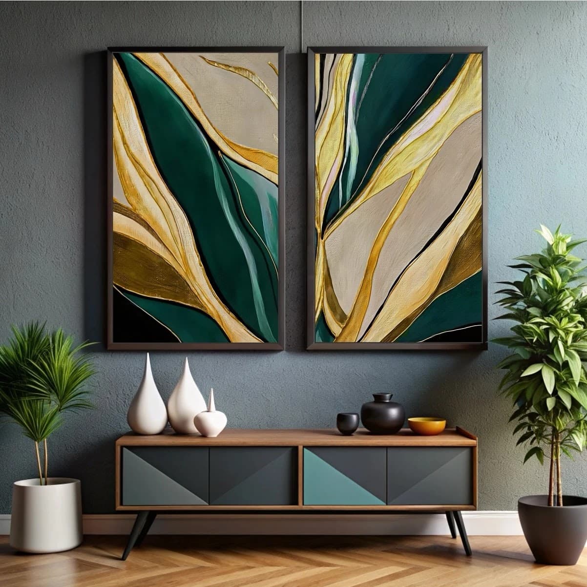 Dupla de Quadros Folhas Esmeralda com Veios de Ouro