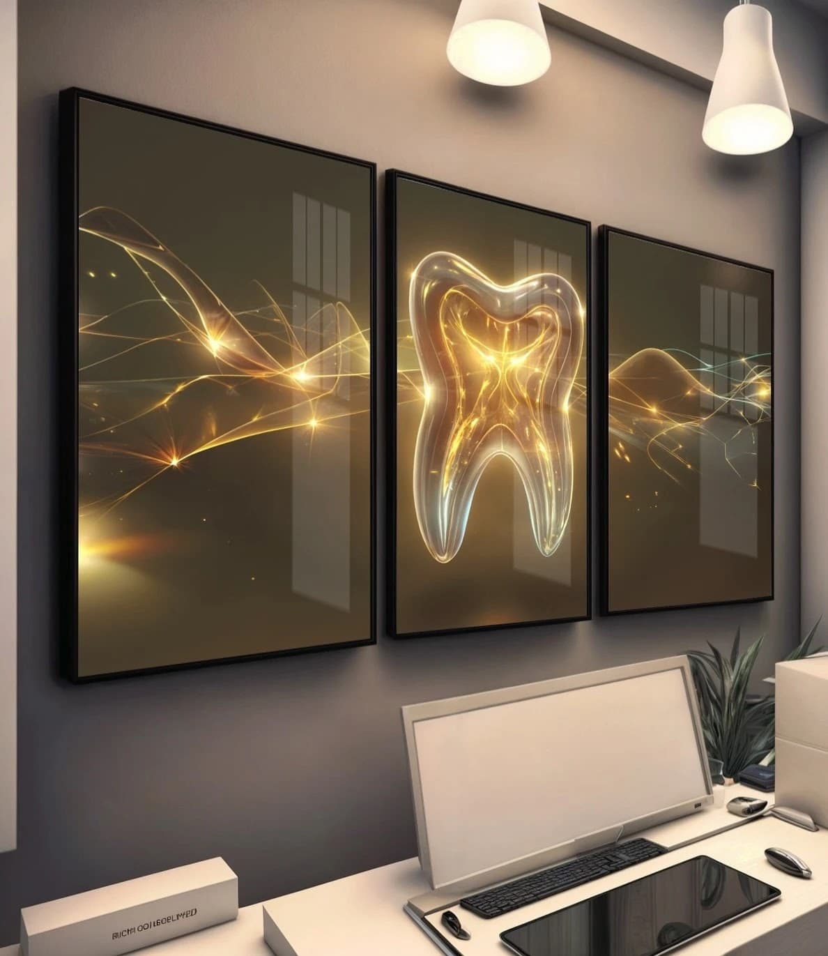 Trio de Quadros Neon Dental Luz Dourada