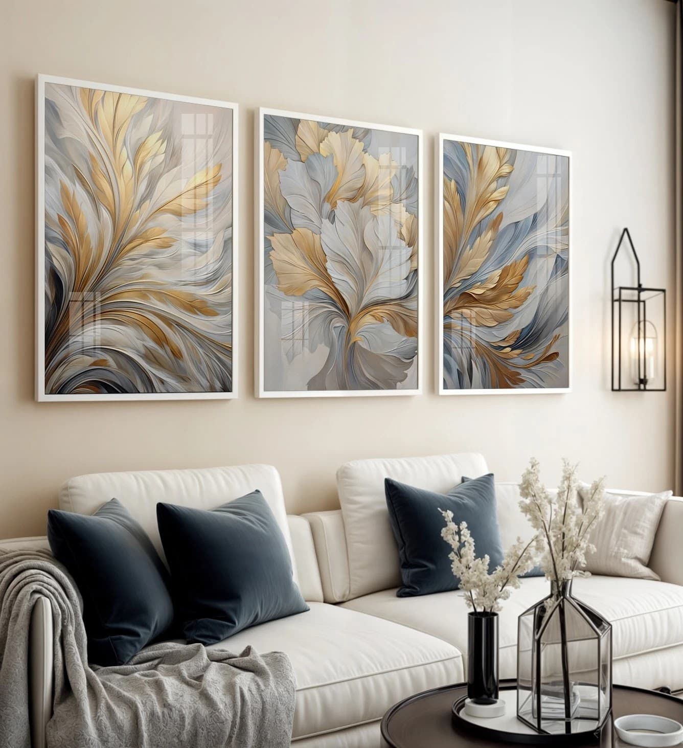 Trio de Quadros Plumas Onduladas Dourado e Azul