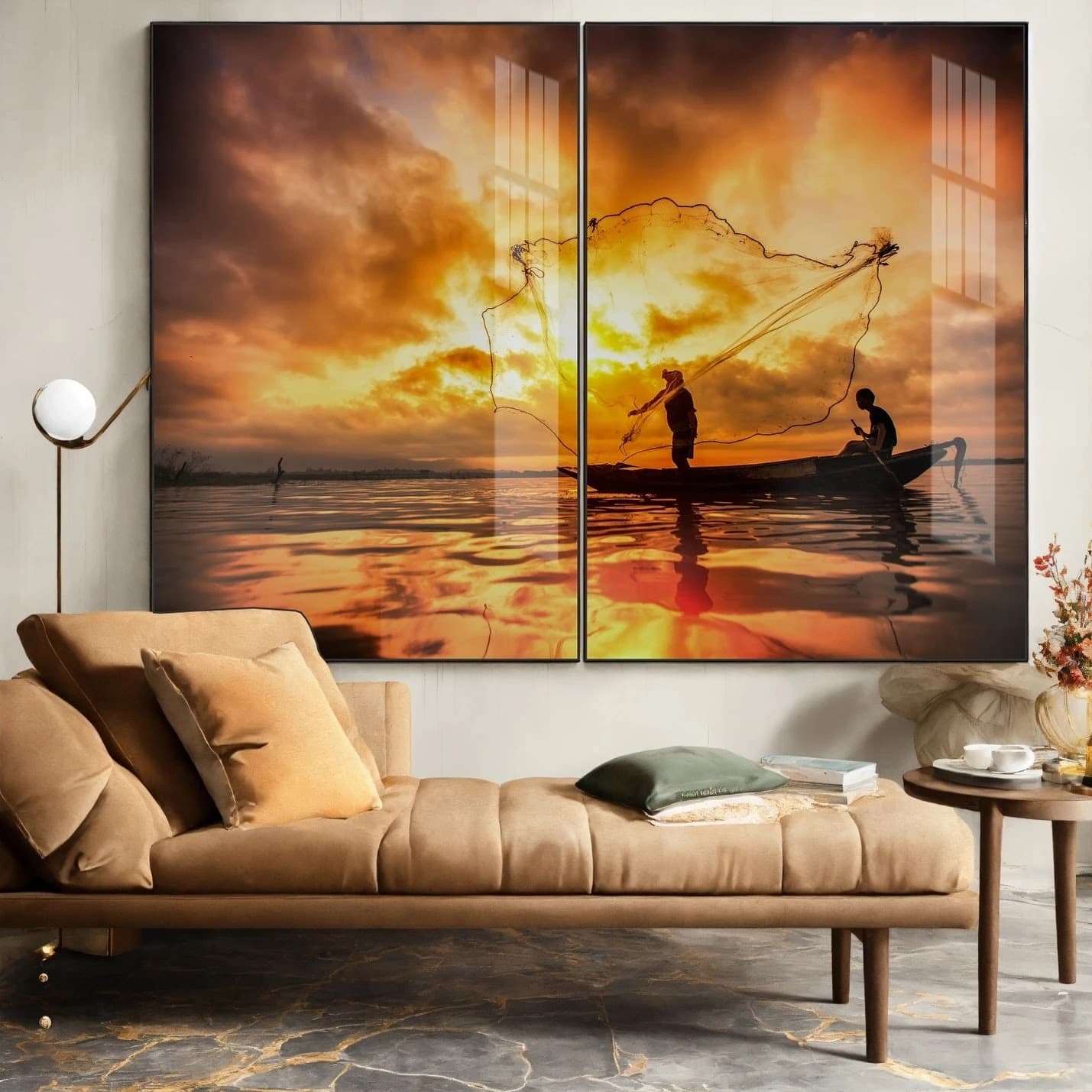 Dupla de Quadros Pescadores ao Pôr do Sol