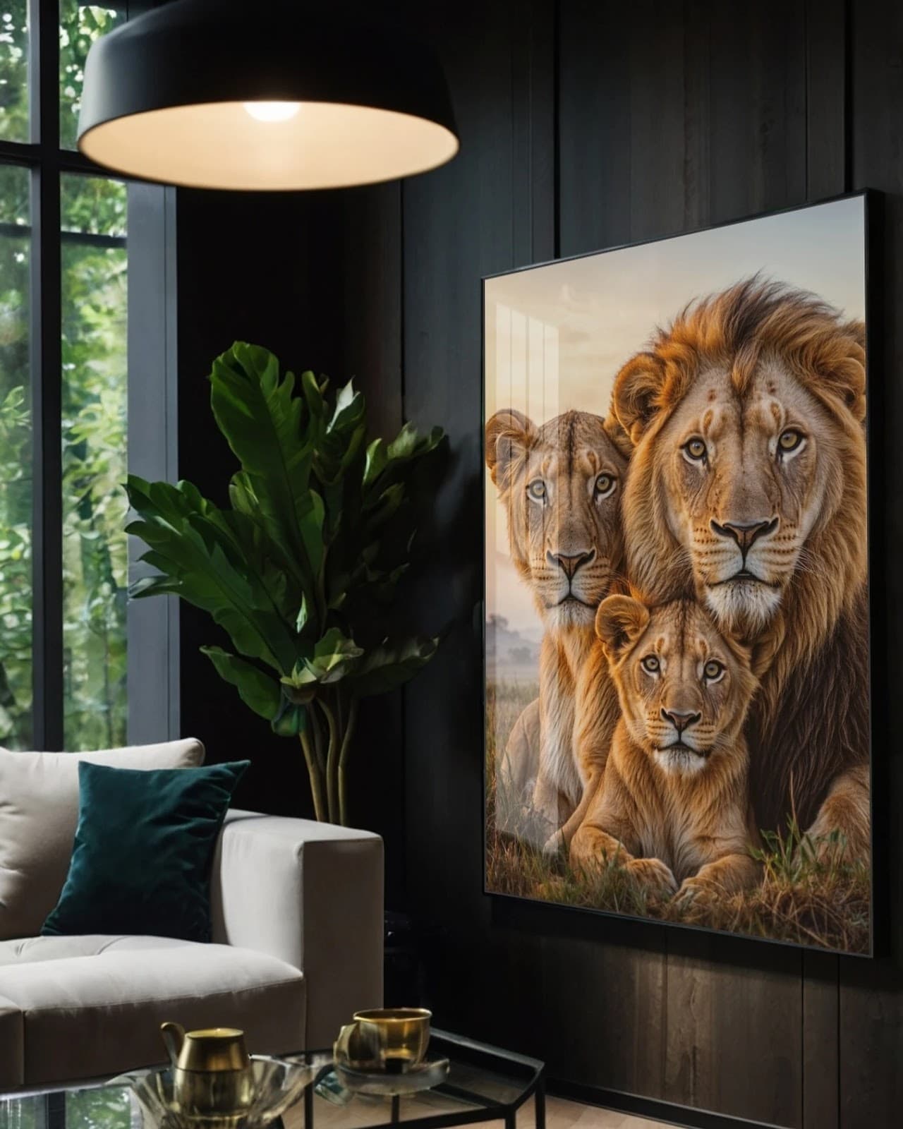 Quadro Família de Leões em Close Realista