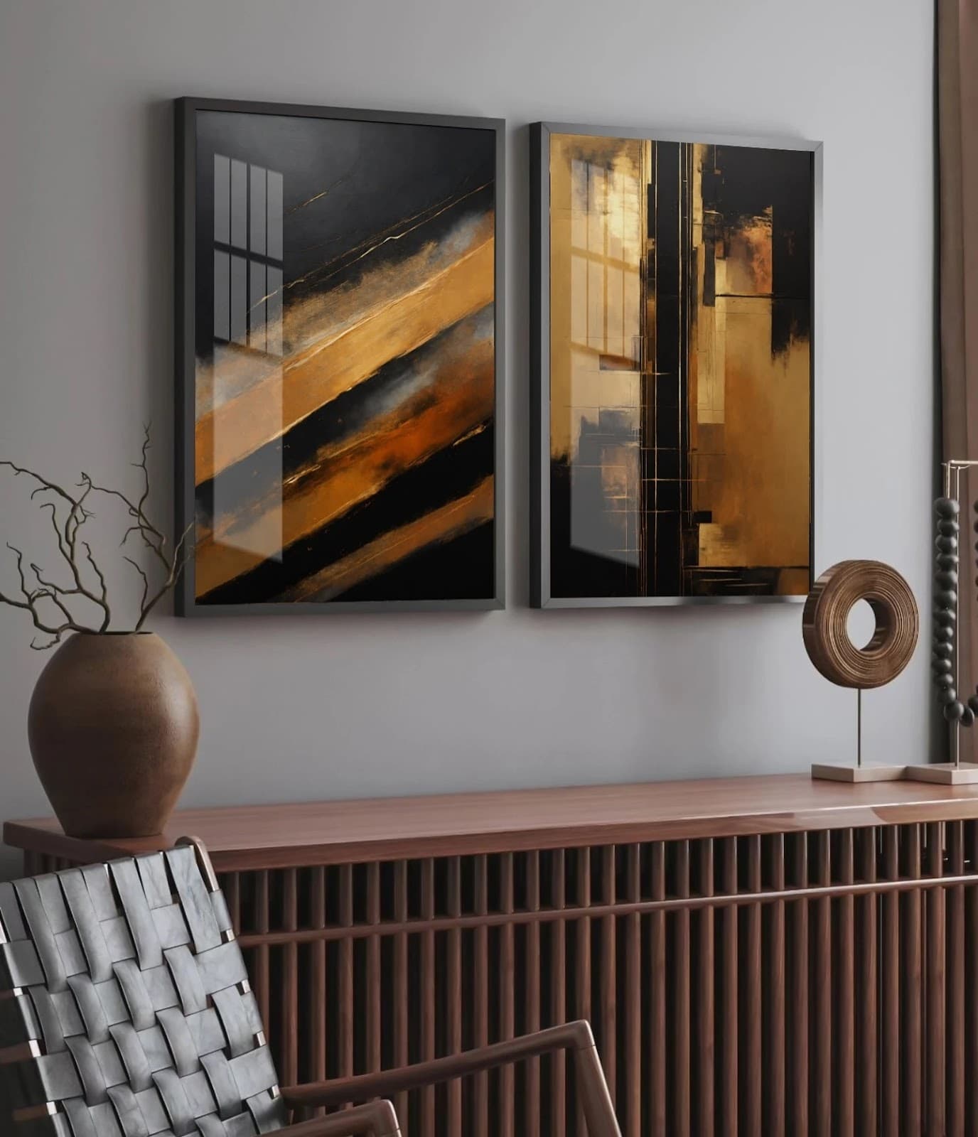 Dupla de Quadros Luminescência Dourada em Preto e Ouro