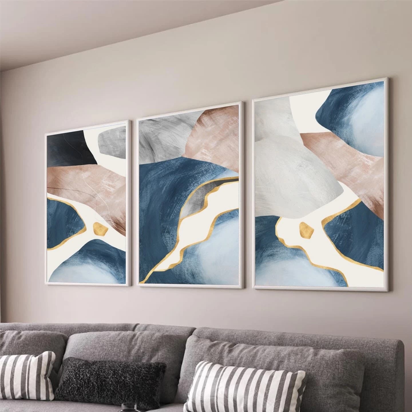 Trio de Quadros Ondas Azuis e Ouro