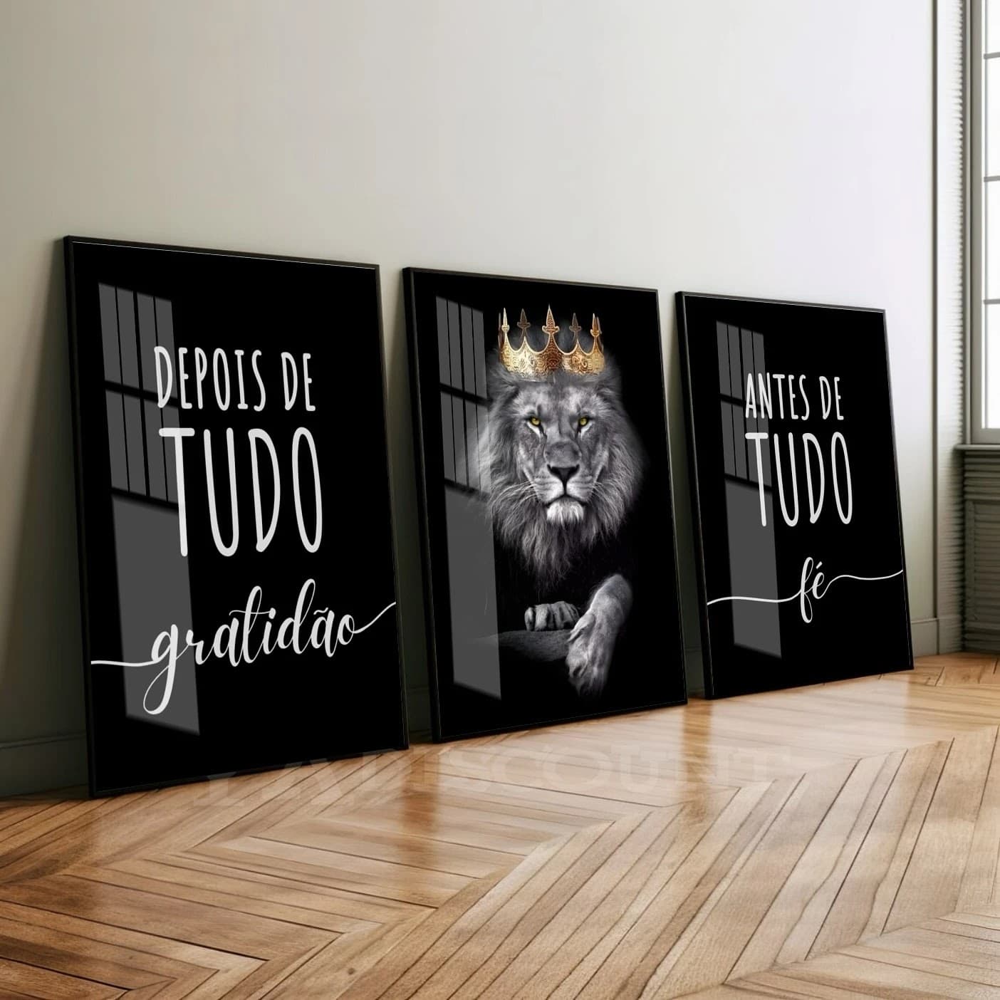 Trio de Quadros Leão Coroado Majestade e Poder