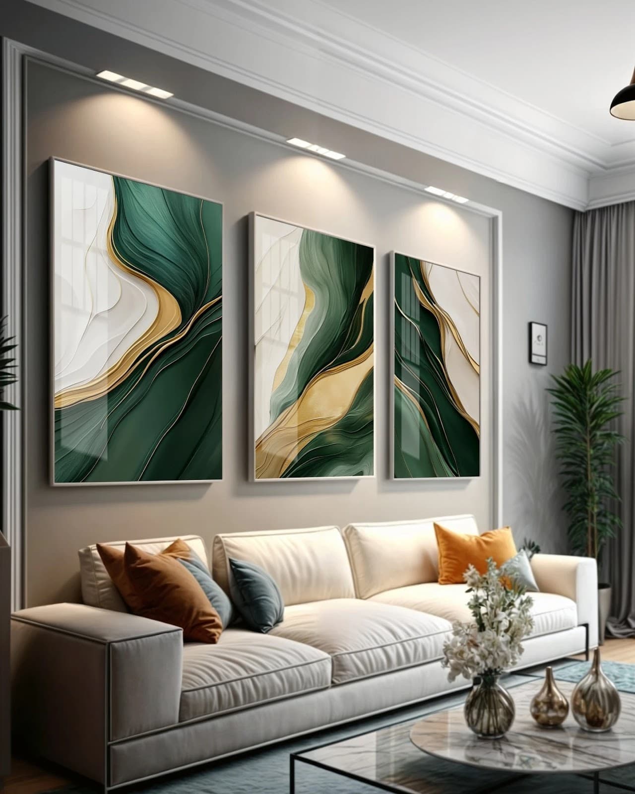 Trio de Quadros Ondas Verdes e Ouro