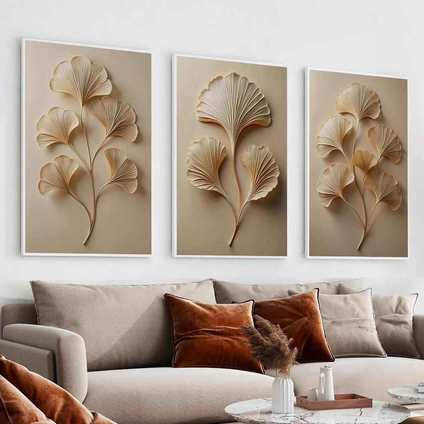 Trio de Quadros Folhas de Ginkgo em Relevo Bege