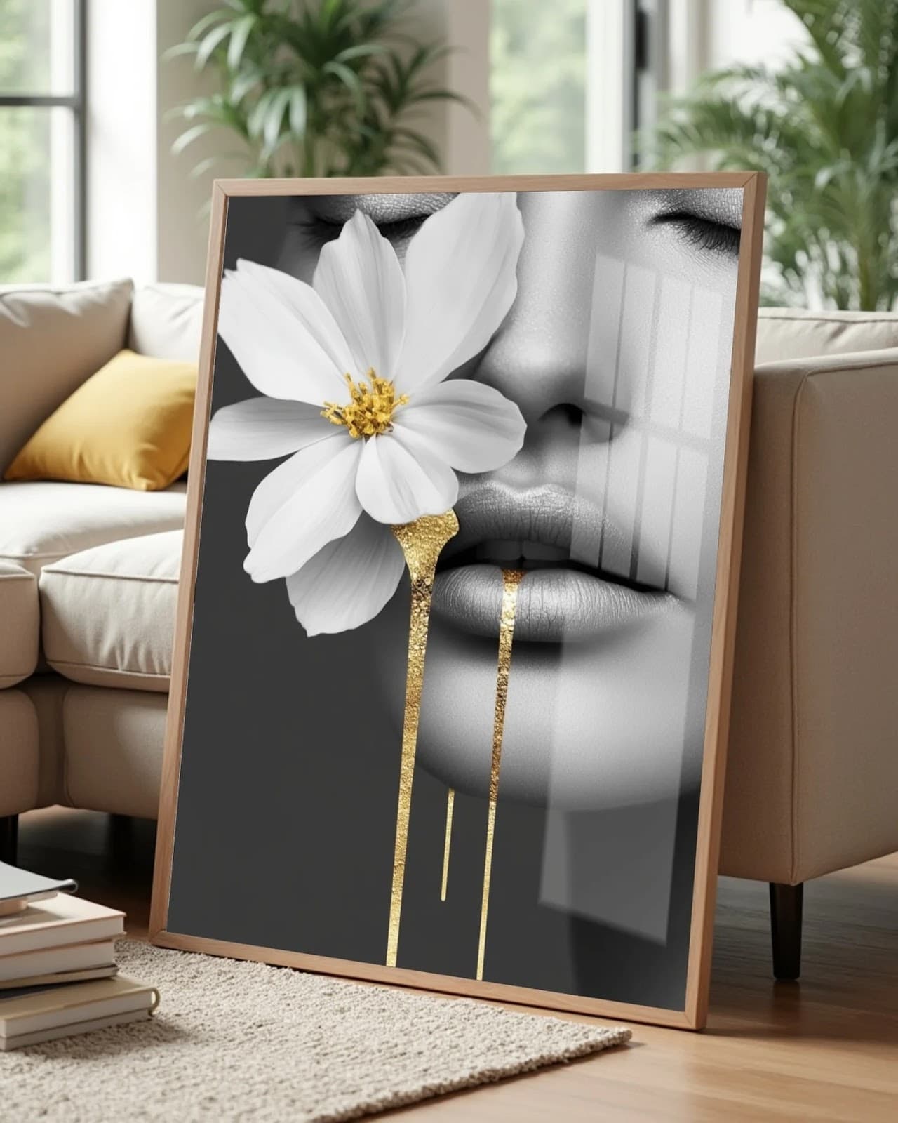 Quadro Rosto Feminino com Flor Branca e Ouro