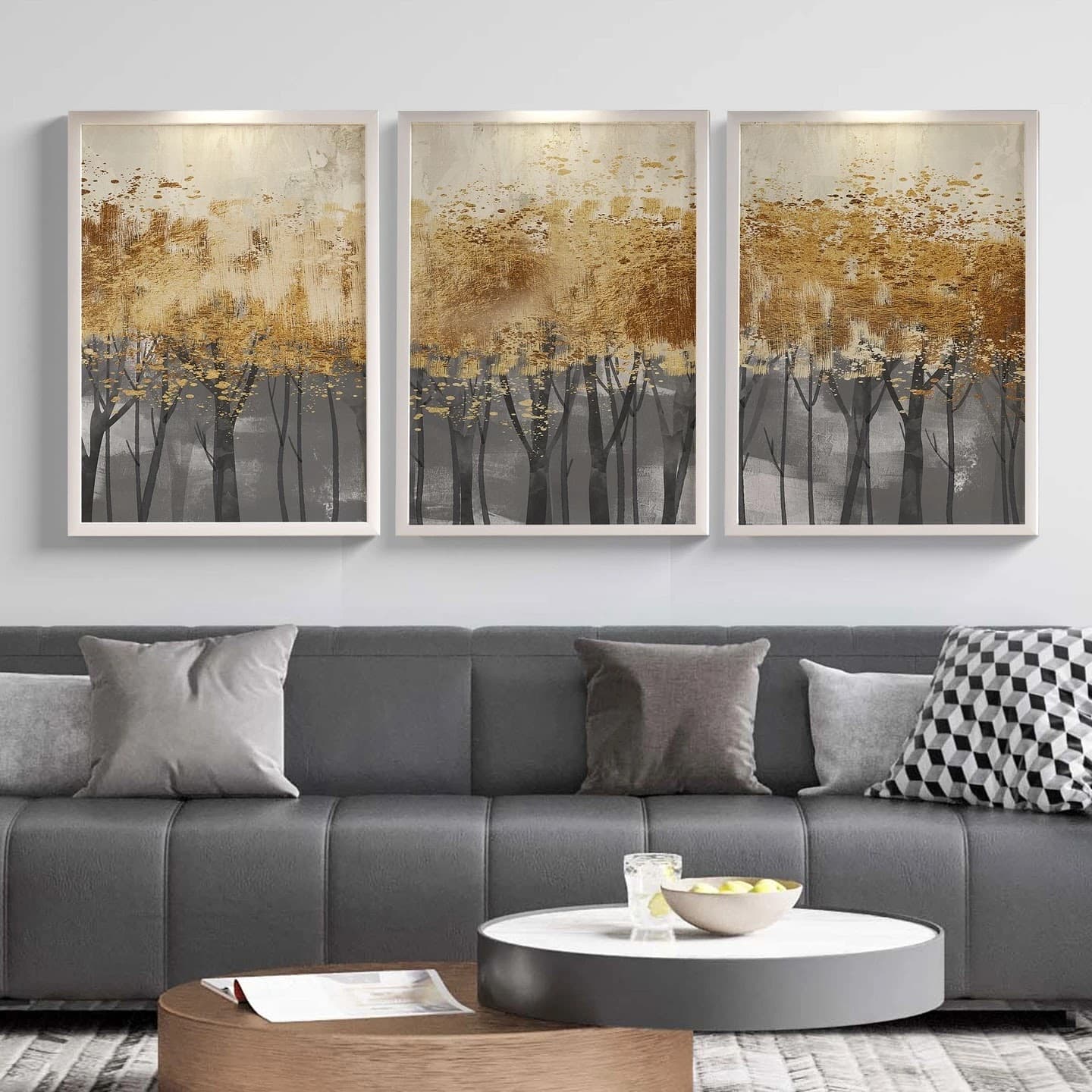 Trio de Quadros Floresta Dourada ao Pôr do Sol