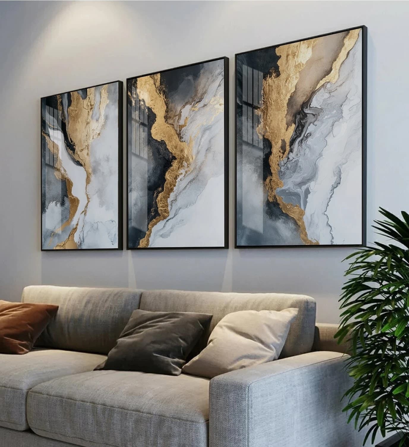 Trio de Quadros Geometria Fluida Monocromática