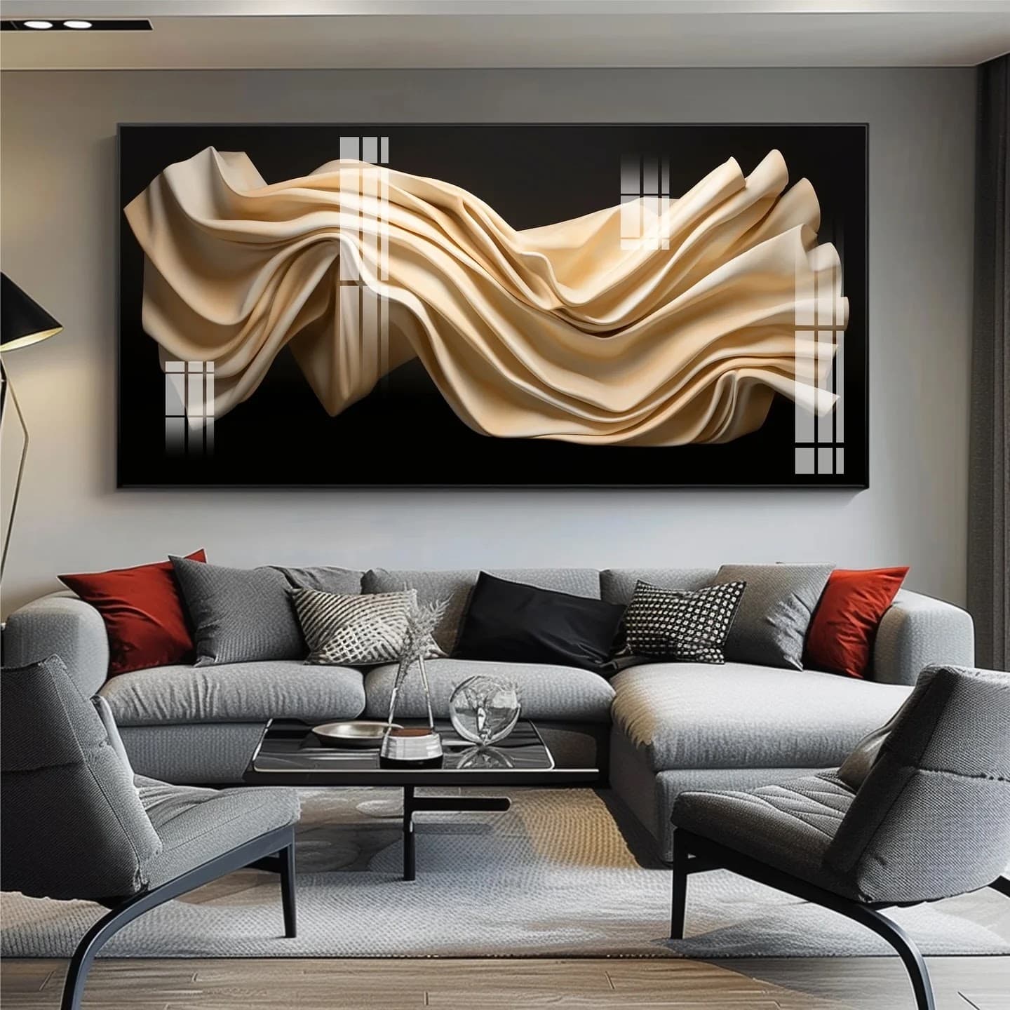 Quadro Cetim Creme Drapeado em Fundo Preto