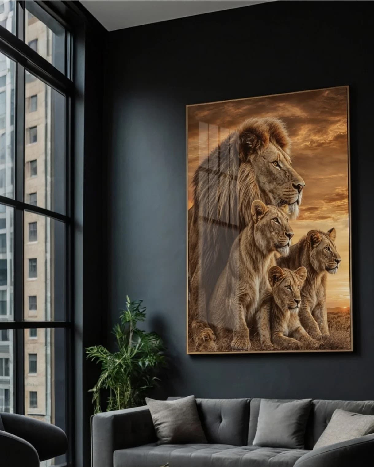Quadro Leão Família no Crepúsculo