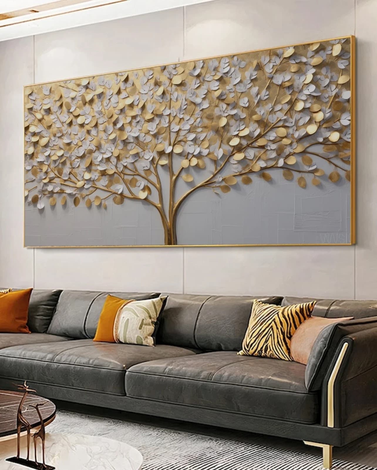 Quadro Árvore de Folhagem Dourada e Branca