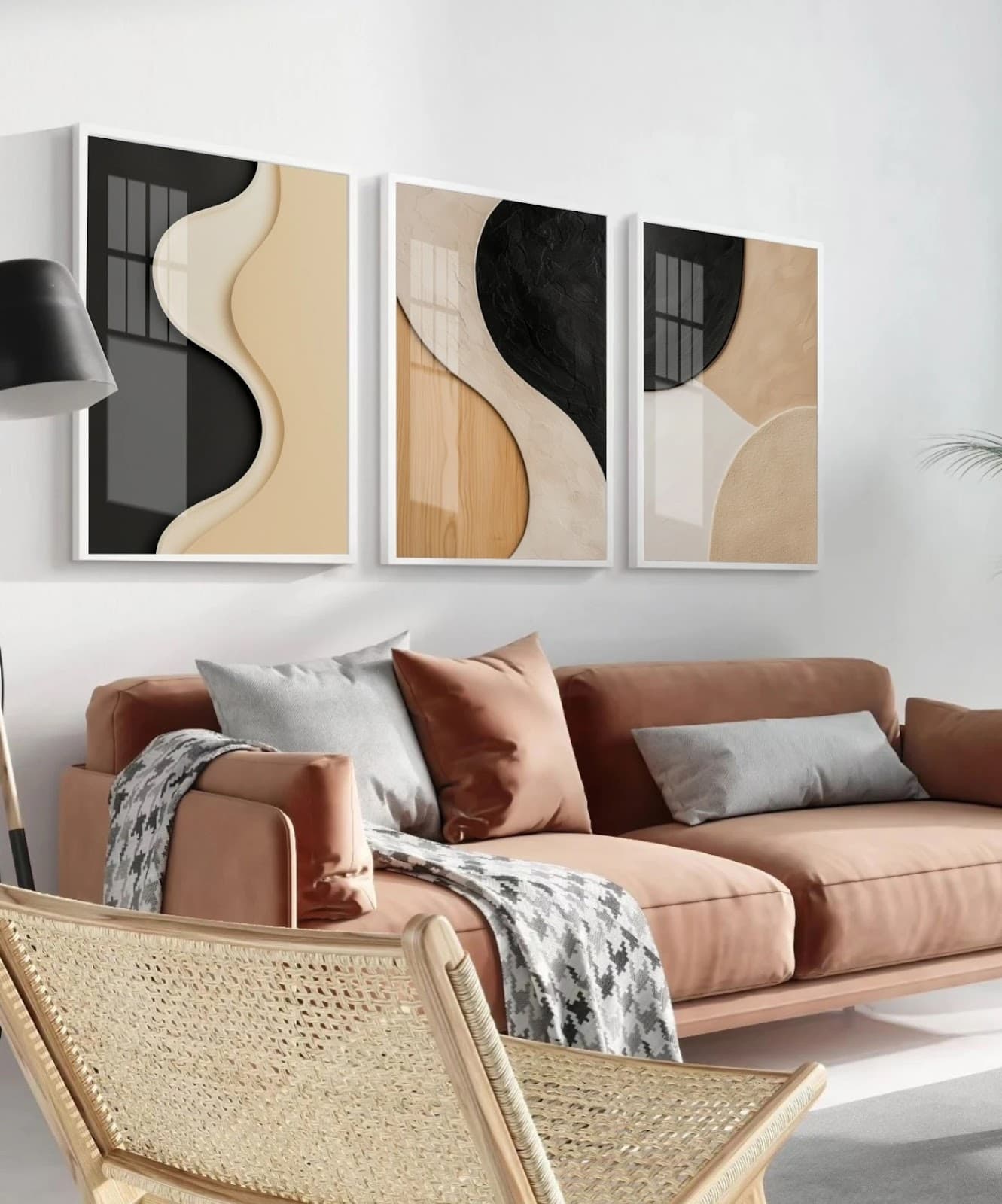 Trio de Quadros Formas Onduladas em Tons Neutros