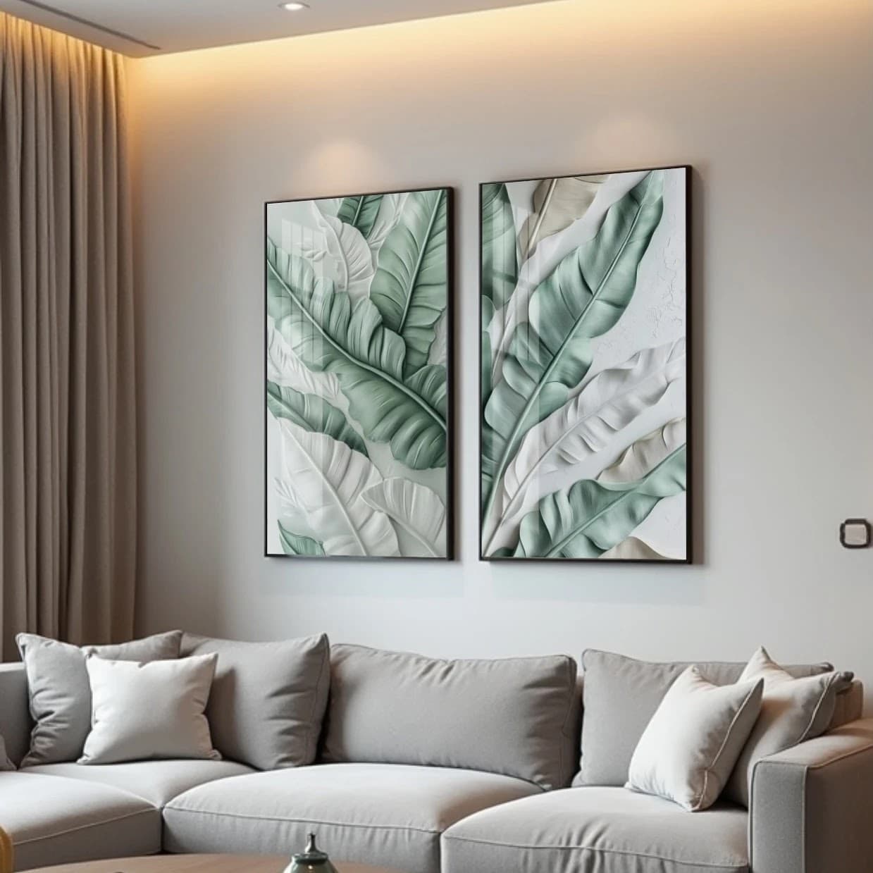 Dupla de Quadros Folhas Tropicais em Verde