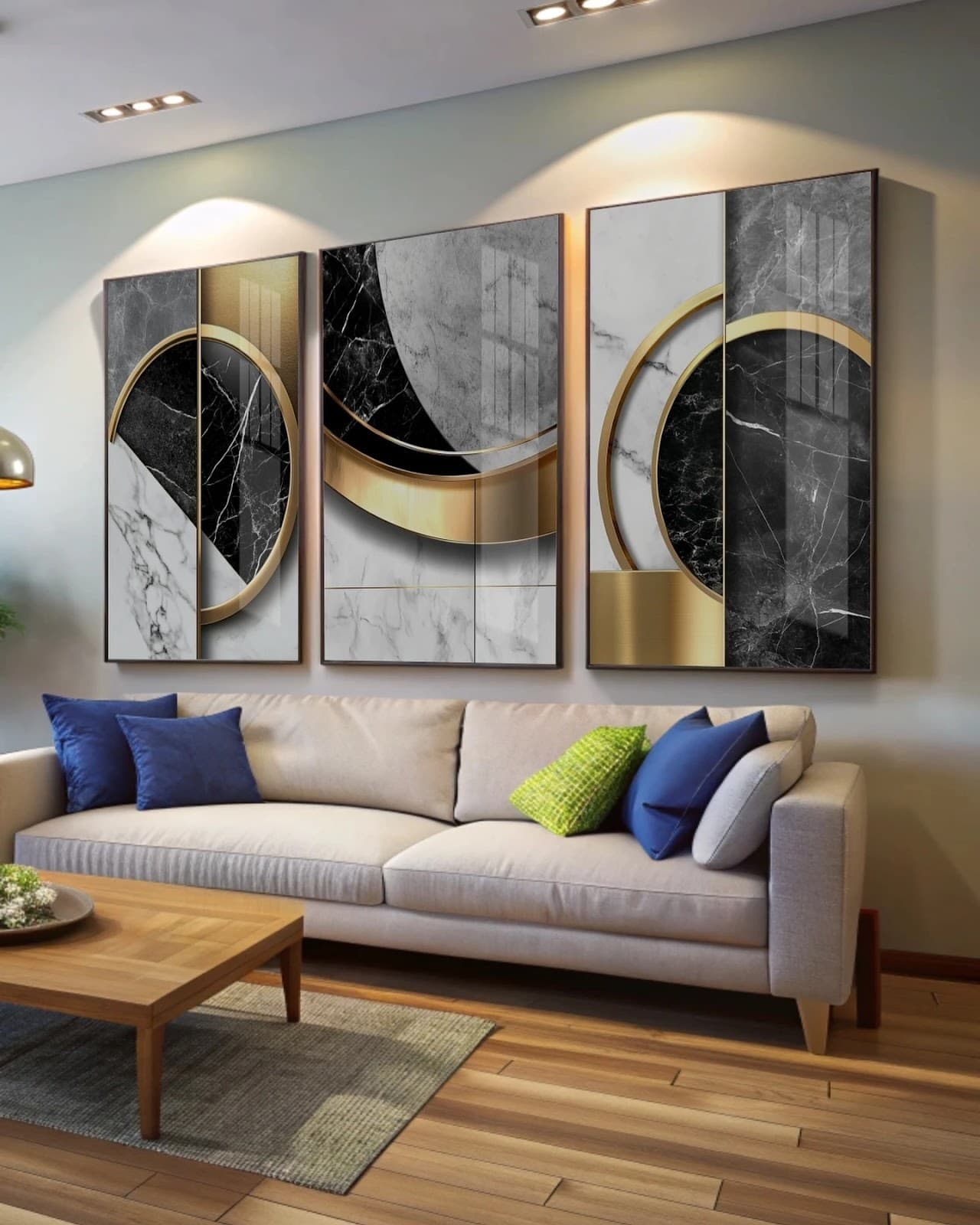 Trio de Quadros Mármore e Ouro Geométrico