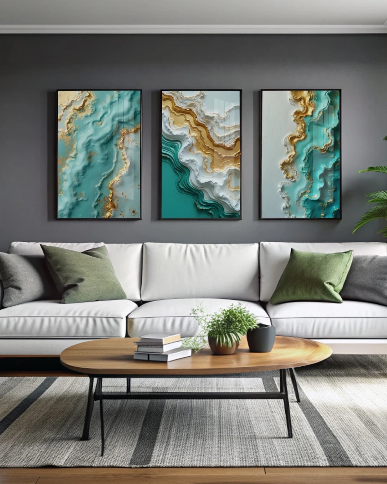 Trio de Quadros Mármore Turquesa e Ouro