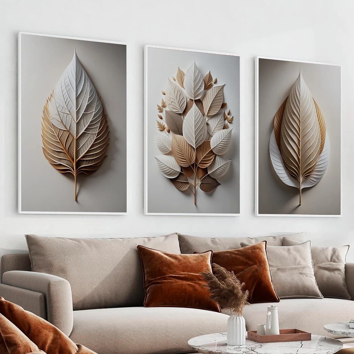 Trio de Quadros Folhas Estilizadas Graça Minimalista