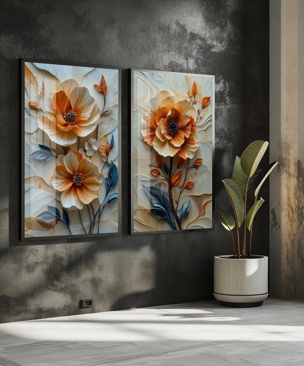 Dupla de Quadros Flores Laranja e Brancas Translúcidas