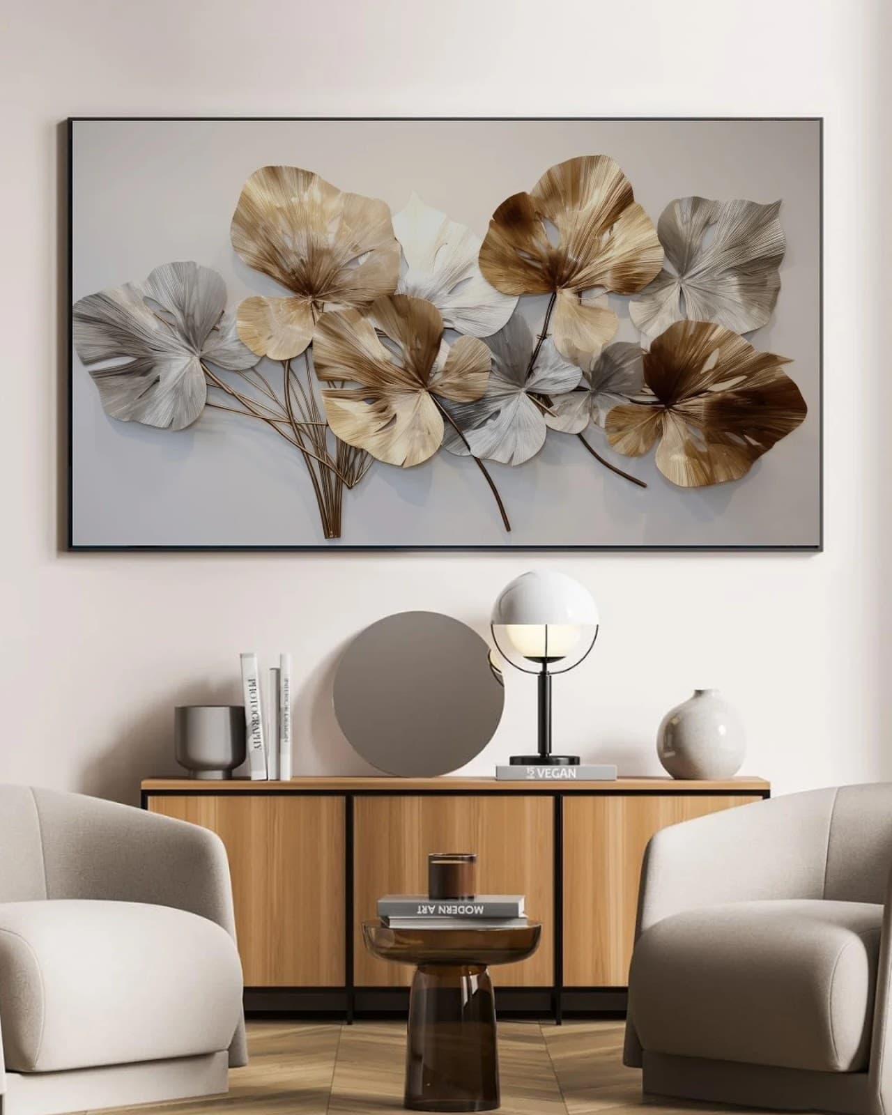 Quadro Folhas de Palmeira Douradas e Prateadas
