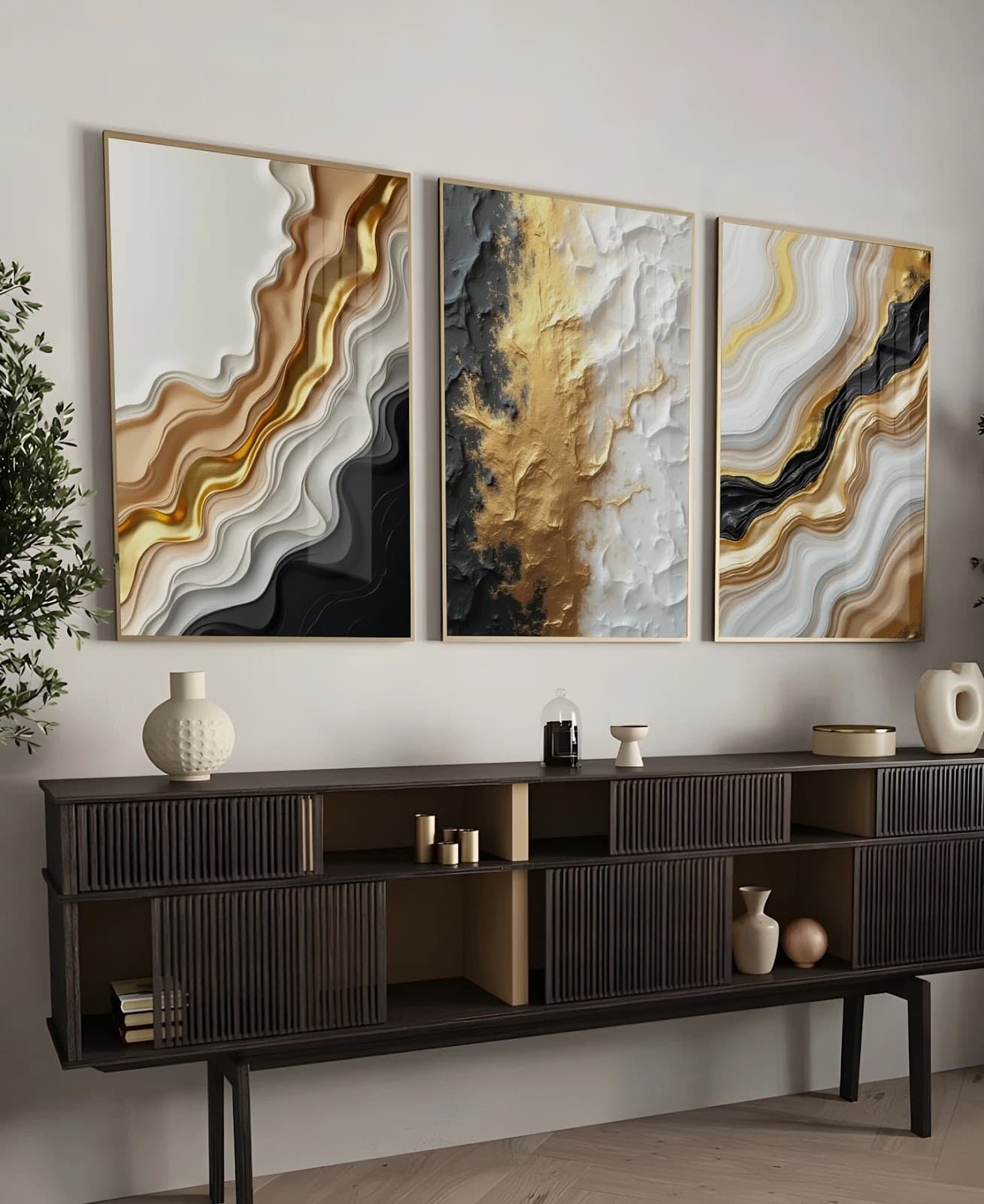 Trio de Quadros Ondas Brancas e Ouro