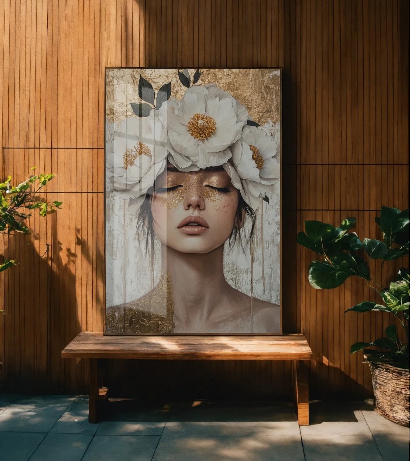 Quadro Mulher de Olhos Fechados com Flores Brancas