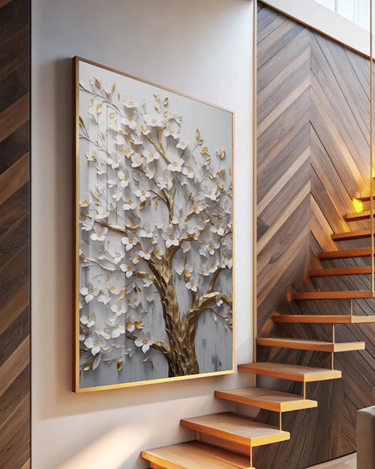 Quadro Árvore de Flores Brancas e Douradas
