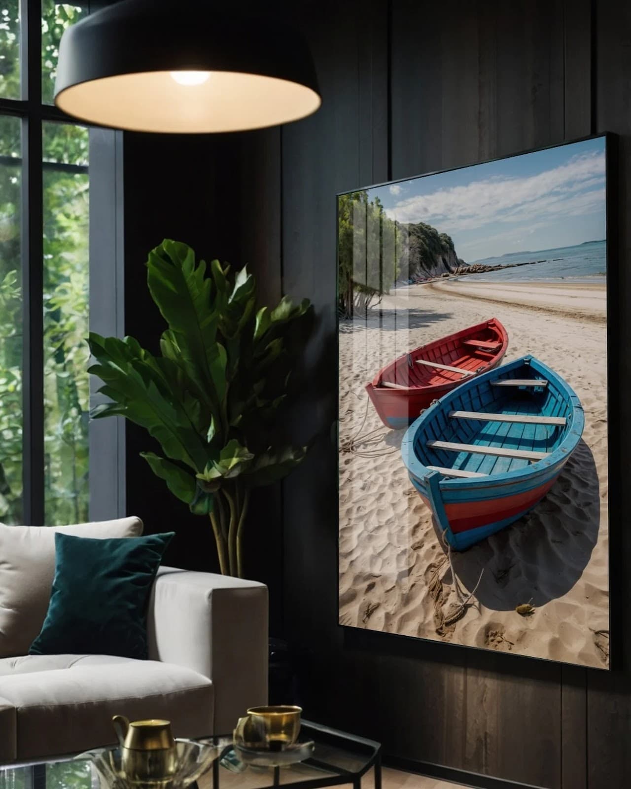 Quadro Barcos Vermelho e Azul na Praia