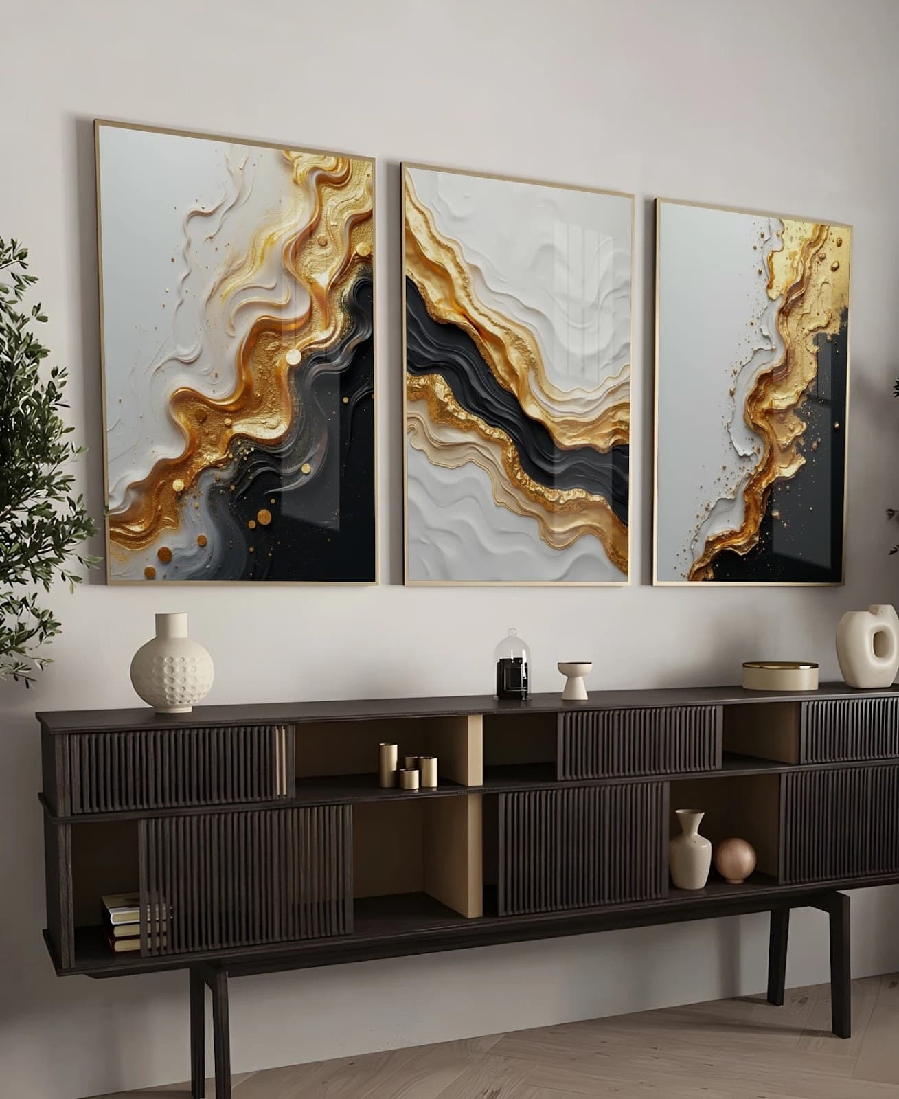 Trio de Quadros Mármore Ouro Luxo Contemporâneo