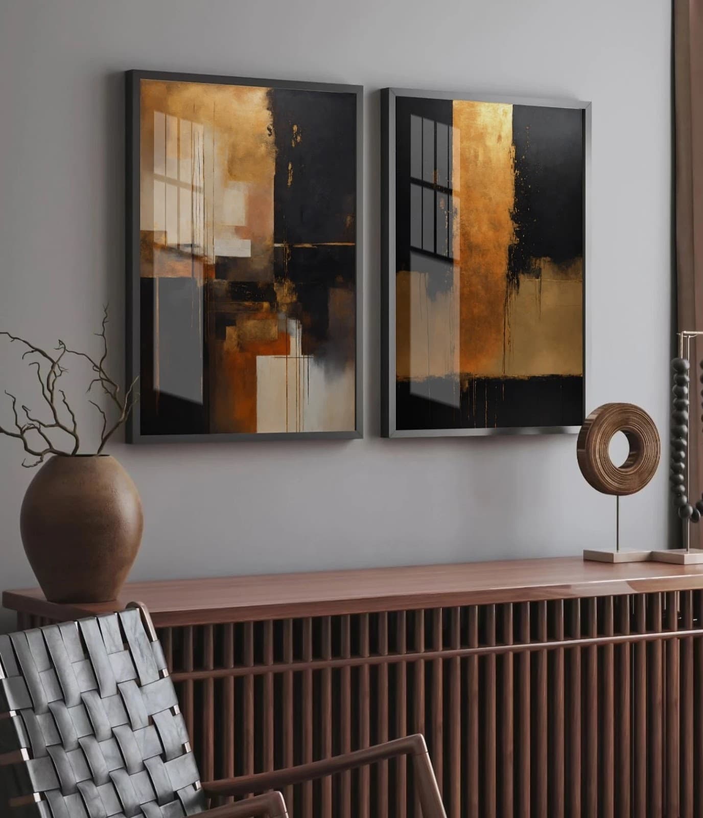 Dupla de Quadros Abstratos Dourado e Fumaça