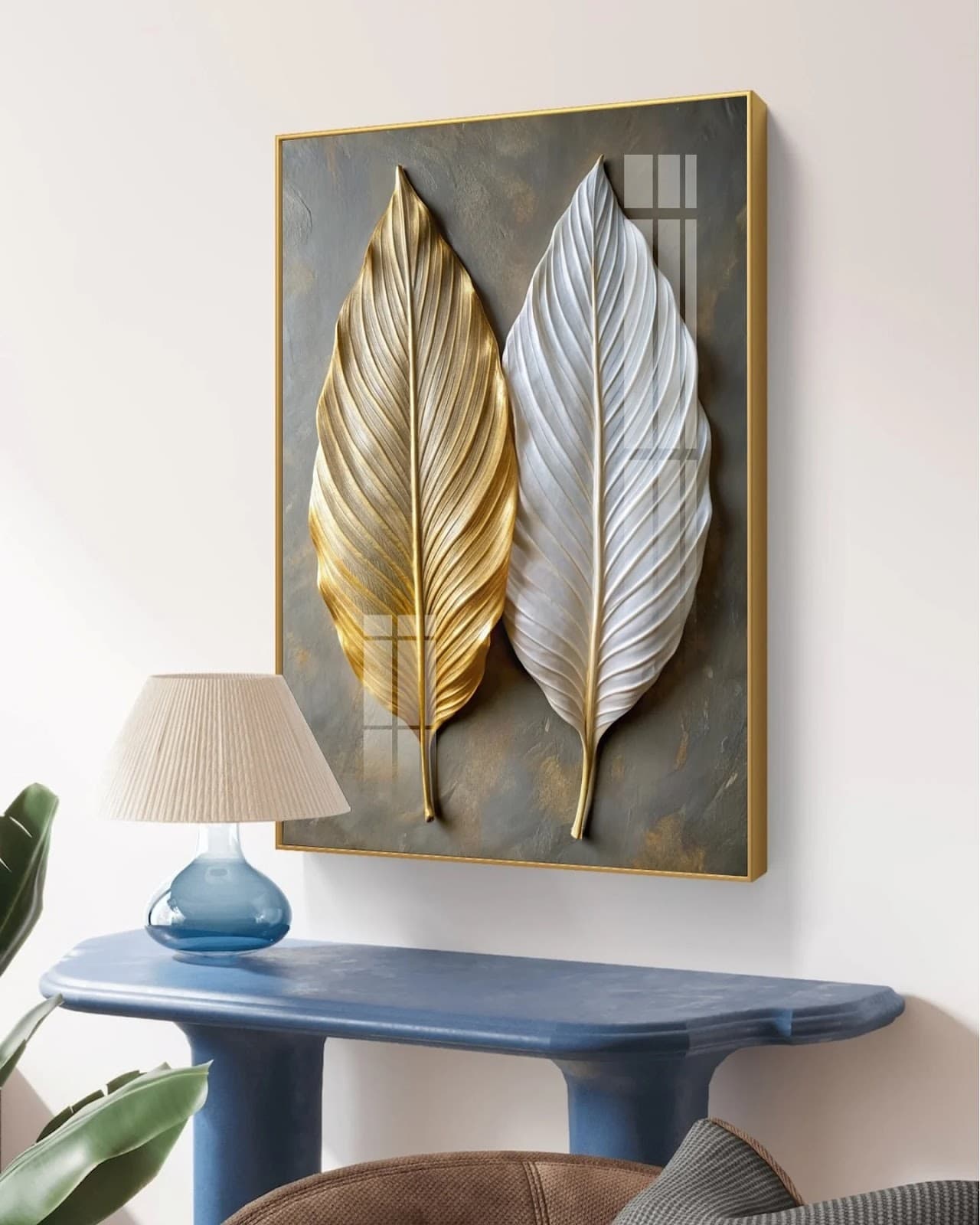 Quadro Folhas em Relevo Dourada e Branca