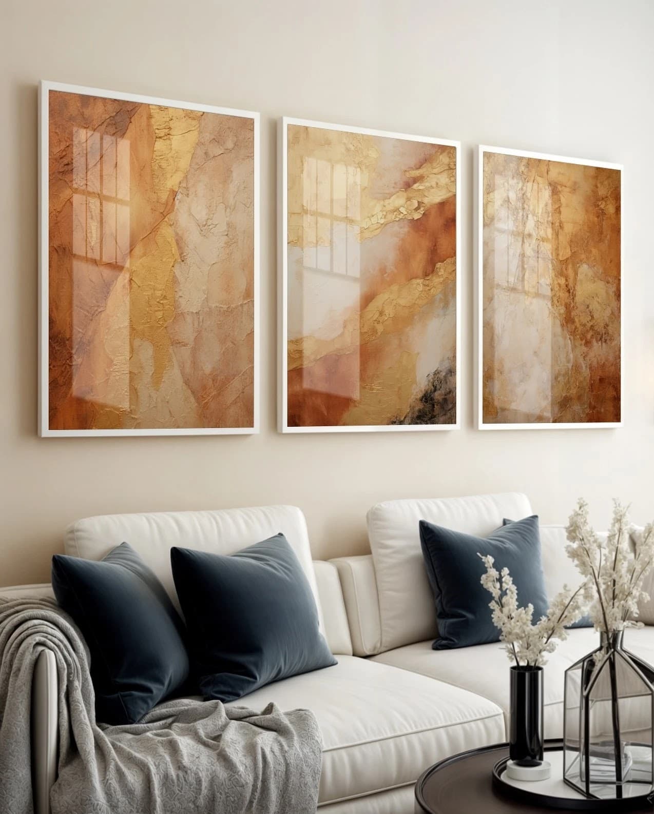 Trio de Quadros Ecos Dourados Aquarela