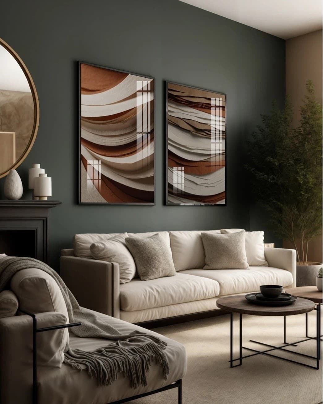 Dupla de Quadros Ondas Marrom e Branco