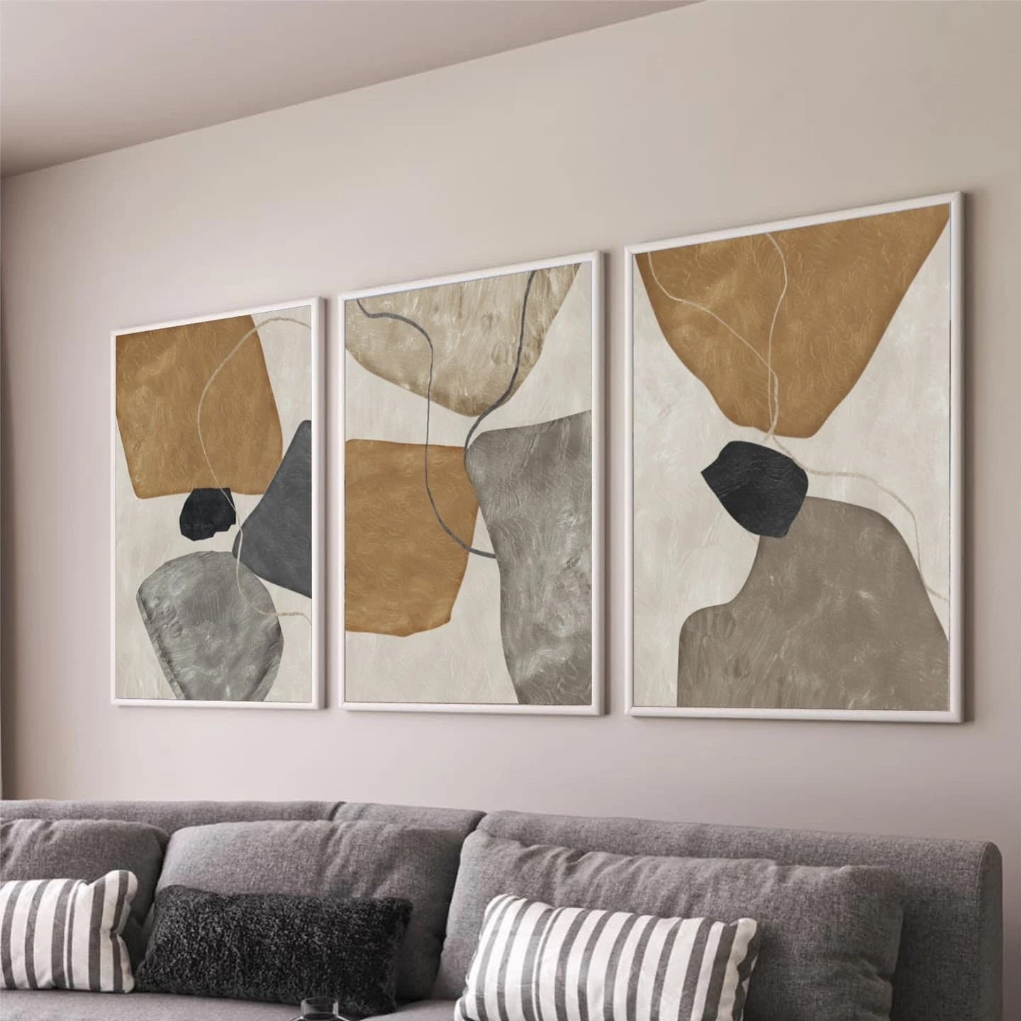 Trio de Quadros Formas Orgânicas em Tons Terrosos