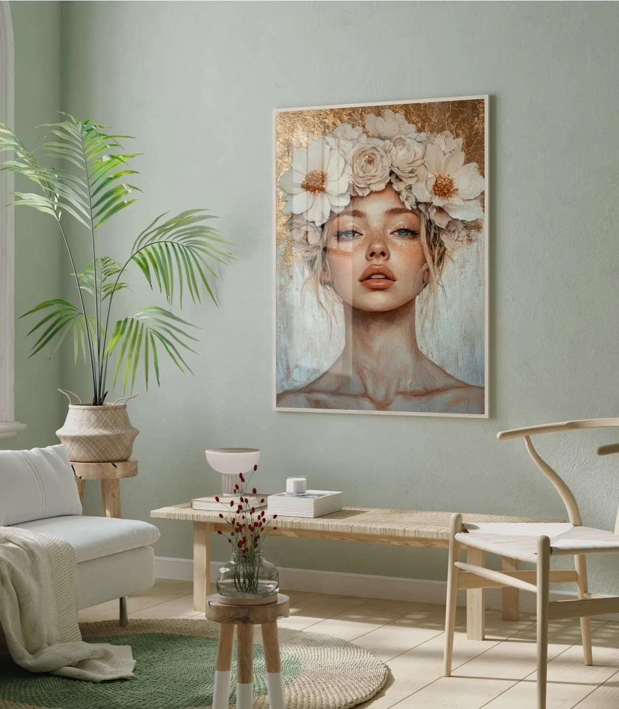 Quadro Mulher com Coroa de Flores Brancas