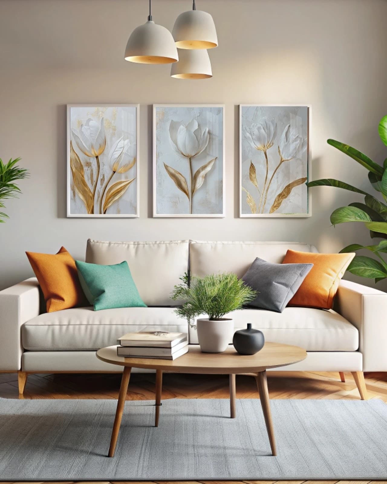 Trio de Quadros Tulipas Brancas e Douradas em Fundo Claro