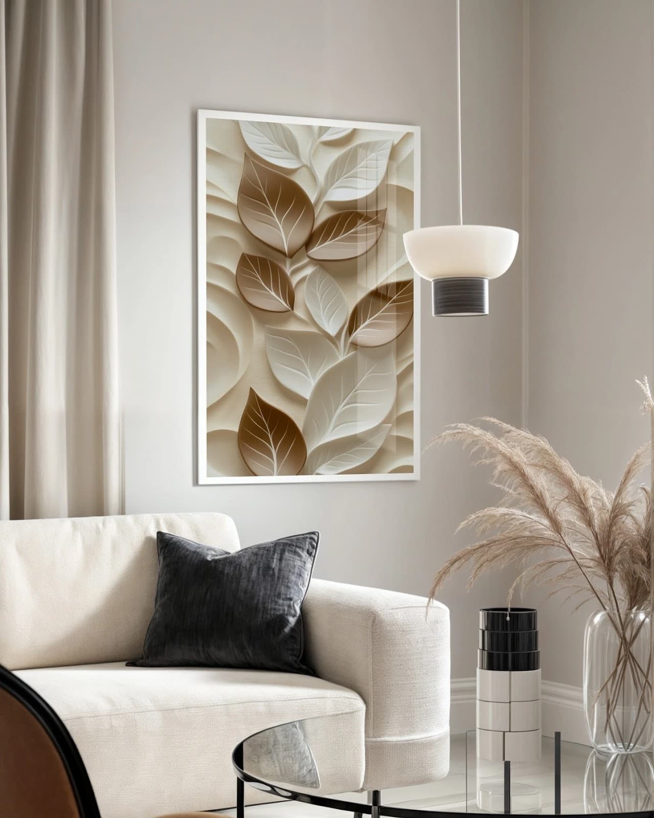 Quadro Folhas em Relevo Bege e Marrom